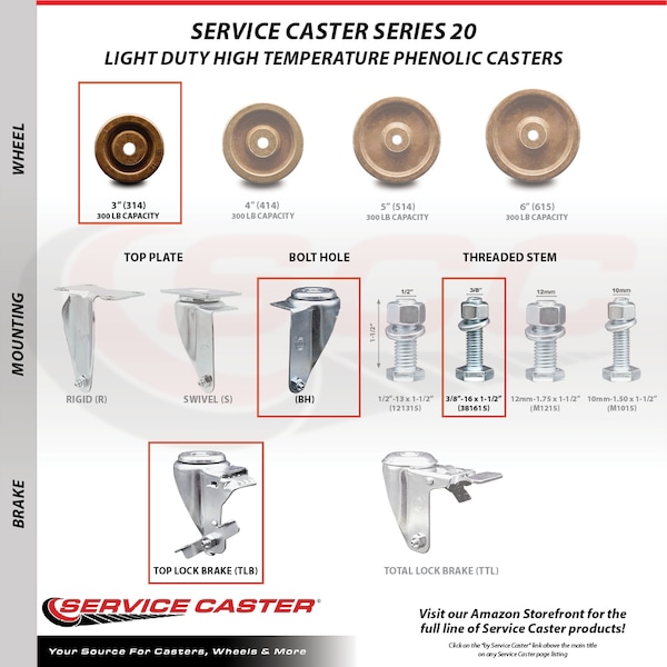 Service Caster 3 Inch SS High Temp Phenolic Swivel 3/8 Inch Threaded Stem Caster with Brake SCC SCC-SSTS20S314-PHSHT-TLB-381615 - main